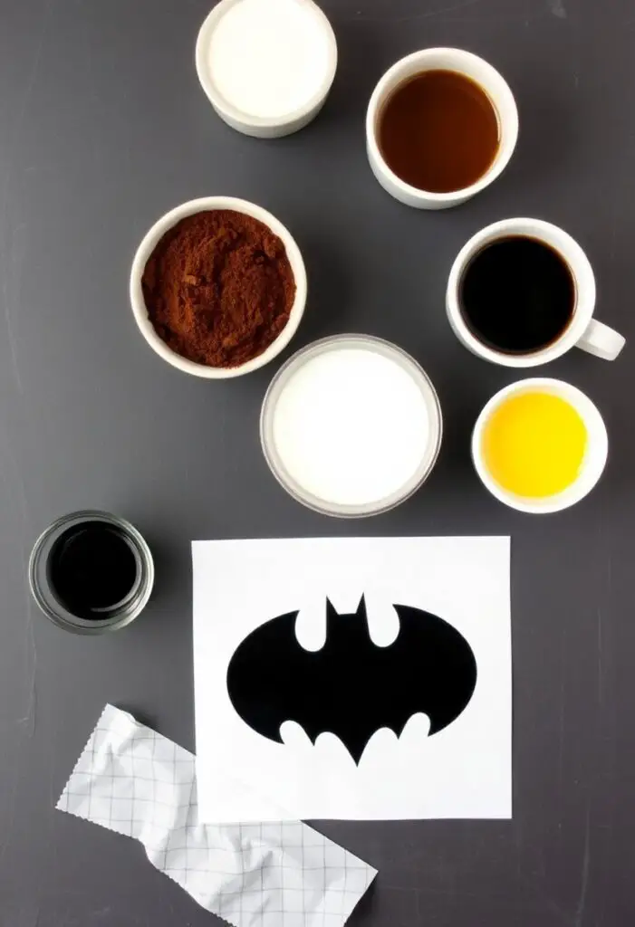 A flat lay of ingredients and tools for making a Batman cake, including dark cocoa, coffee, and food coloring.