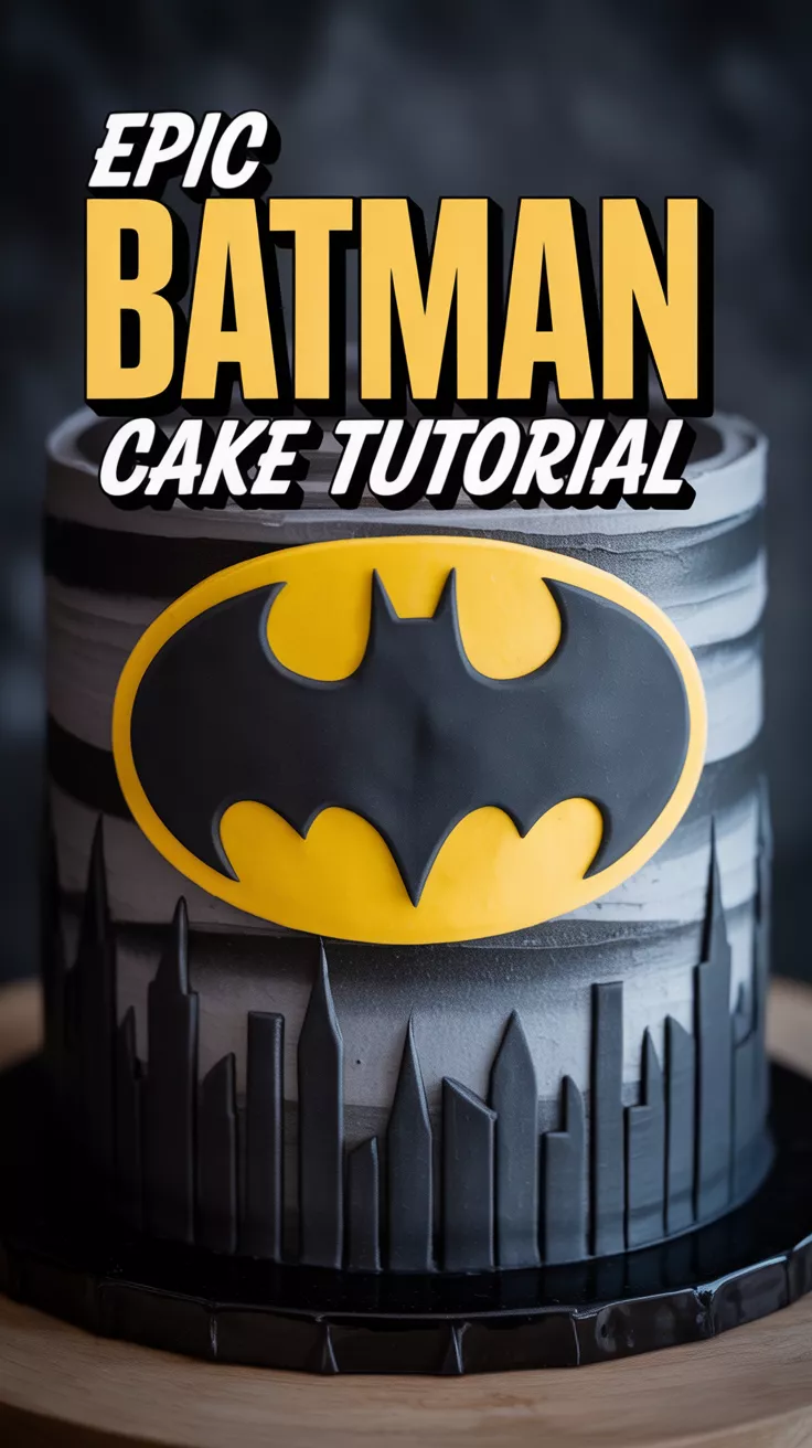 A stunning homemade Batman cake with a Gotham skyline and Bat-Signal, with the text overlay "Epic Batman Cake Tutorial."