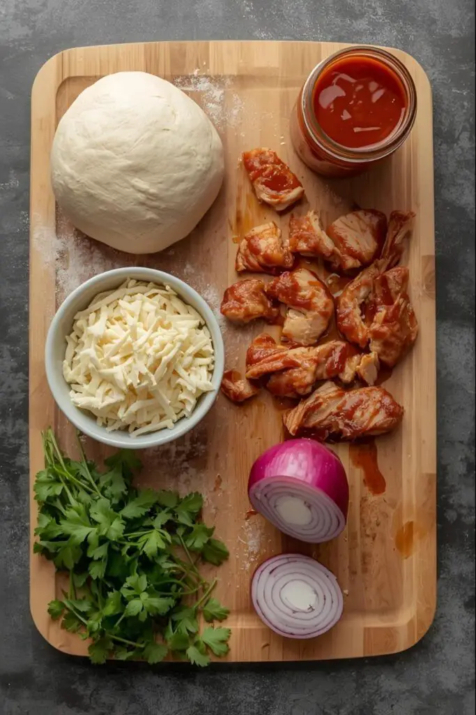 A flat lay of ingredients for BBQ chicken pizza, including dough, BBQ sauce, chicken, cheese, and red onion.