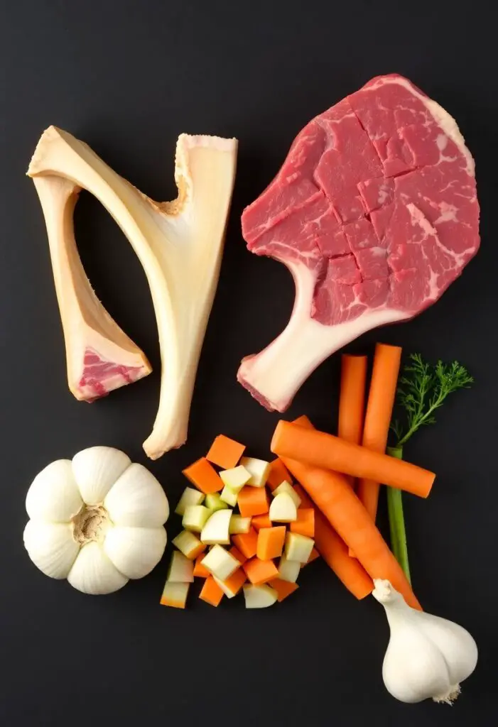 A flat lay collage of ingredients for beef broth on a dark background: raw beef marrow and knuckle bones, a quartered onion, chopped carrots and celery, and a head of garlic.