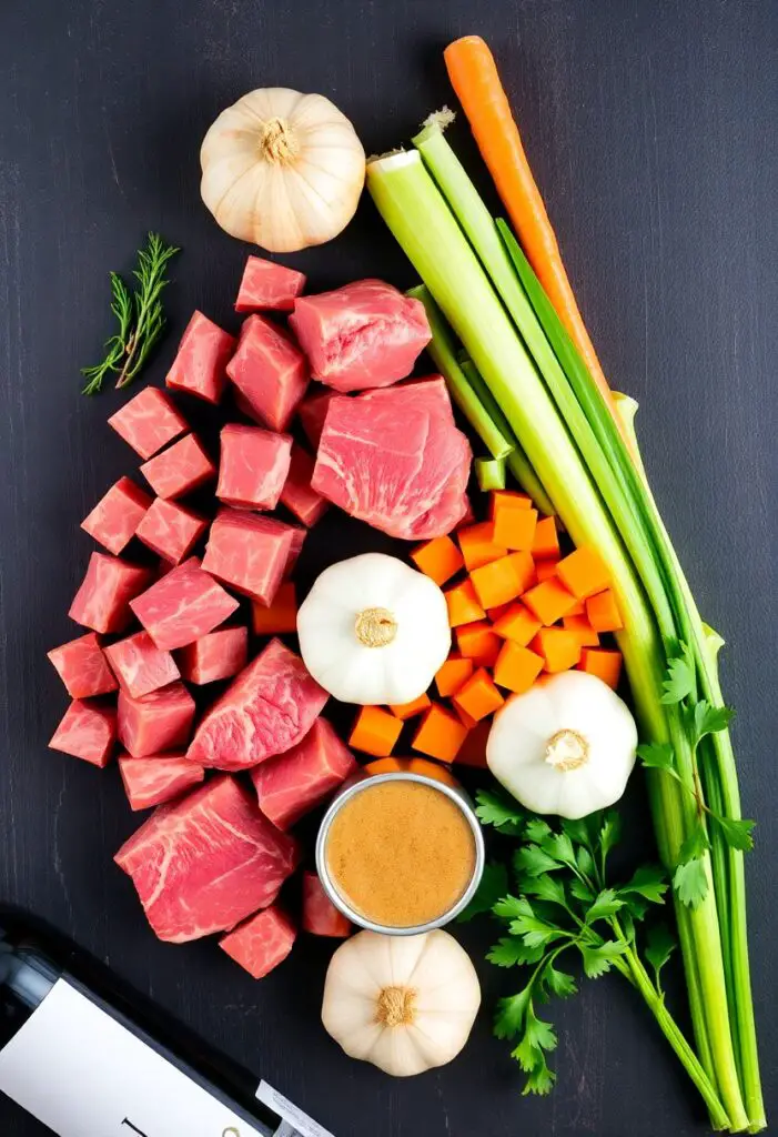 A flat lay collage of ingredients for beef stew on a dark, rustic background: cubes of raw beef stew meat, chopped carrots, celery, onion, a head of garlic, and a bottle of red wine.