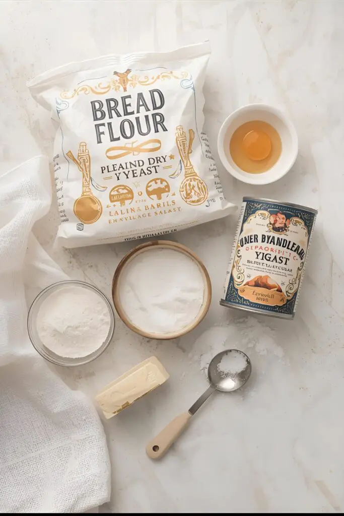 A flat-lay collage of beignet ingredients: bread flour, a can of evaporated milk, yeast, sugar, and an egg on a rustic surface.