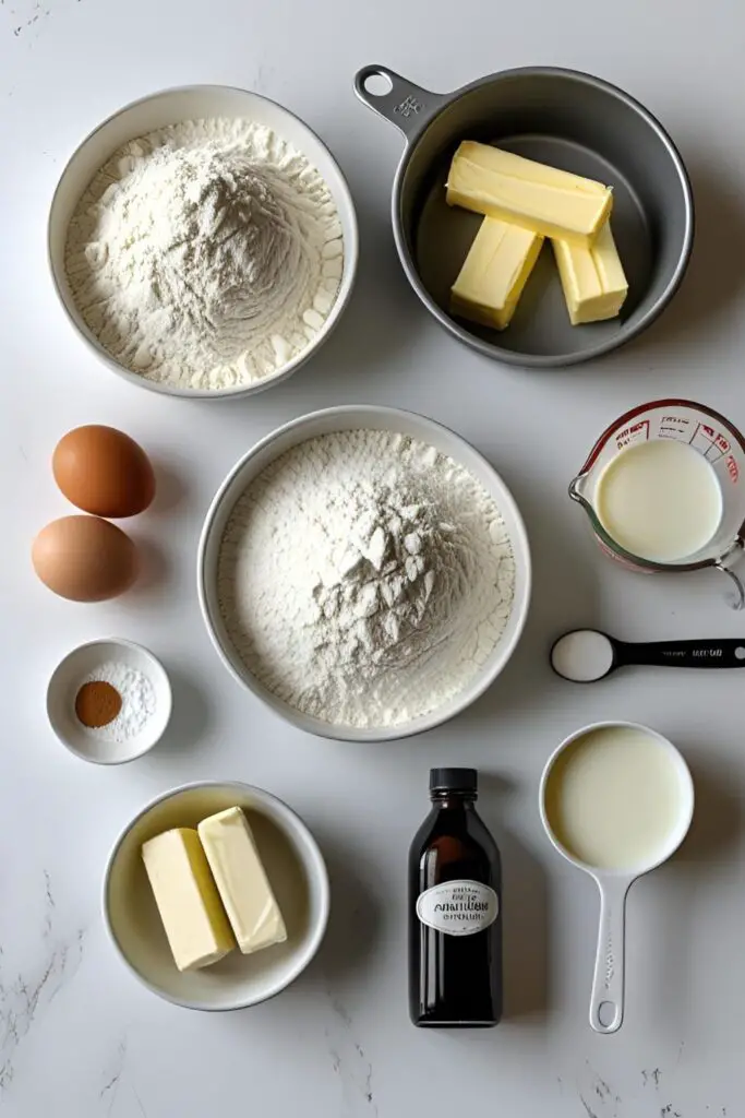  Collage of bento cake ingredients: flour, butter, sugar, eggs, milk, and small cake pan.