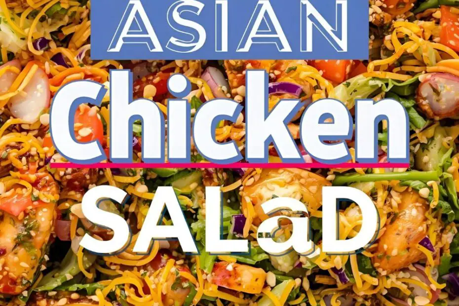 A close-up of the Asian chicken salad showing all the textures, next to a full serving in a large bowl with tongs.