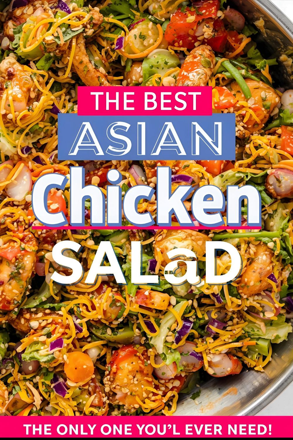 A close-up of the Asian chicken salad showing all the textures, next to a full serving in a large bowl with tongs.