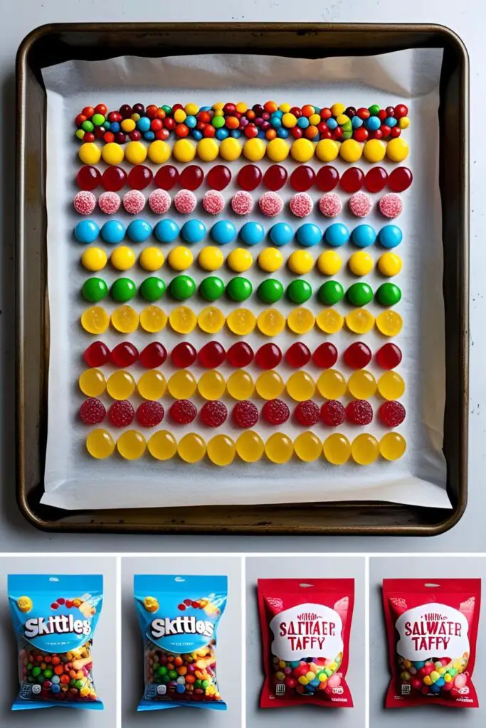 A selection of the best candies to use for freeze-drying, including Skittles, gummy worms, and taffy, arranged on a tray.

