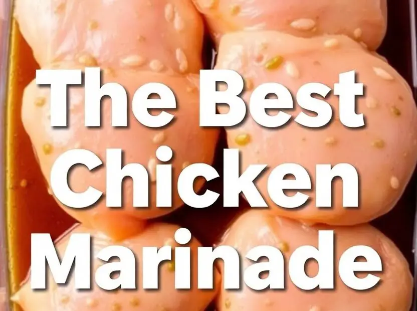 Raw chicken breasts soaking in a delicious marinade with the text overlay "The Best Chicken Marinade."