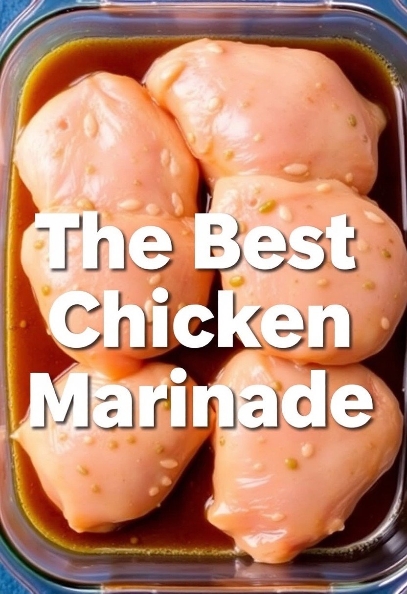 Raw chicken breasts soaking in a delicious marinade with the text overlay "The Best Chicken Marinade."