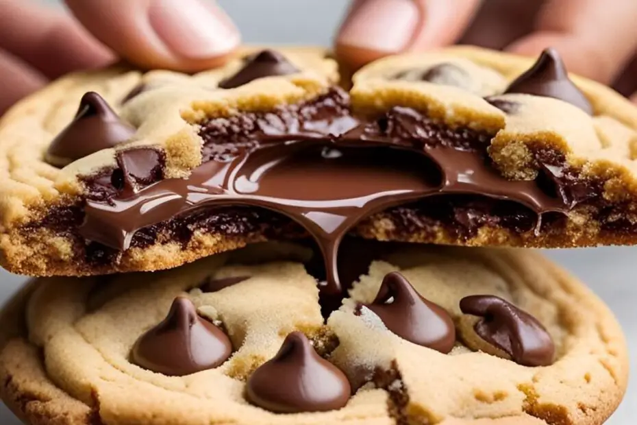 A mouth-watering chocolate chip cookie broken in half to show a gooey center, with the text overlay "The Best Chewy Chocolate Chip Cookies."