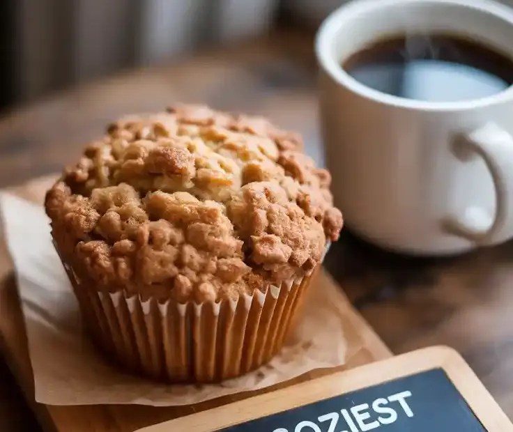 A perfect coffee cake muffin with a high dome and a thick layer of crunchy cinnamon streusel topping.