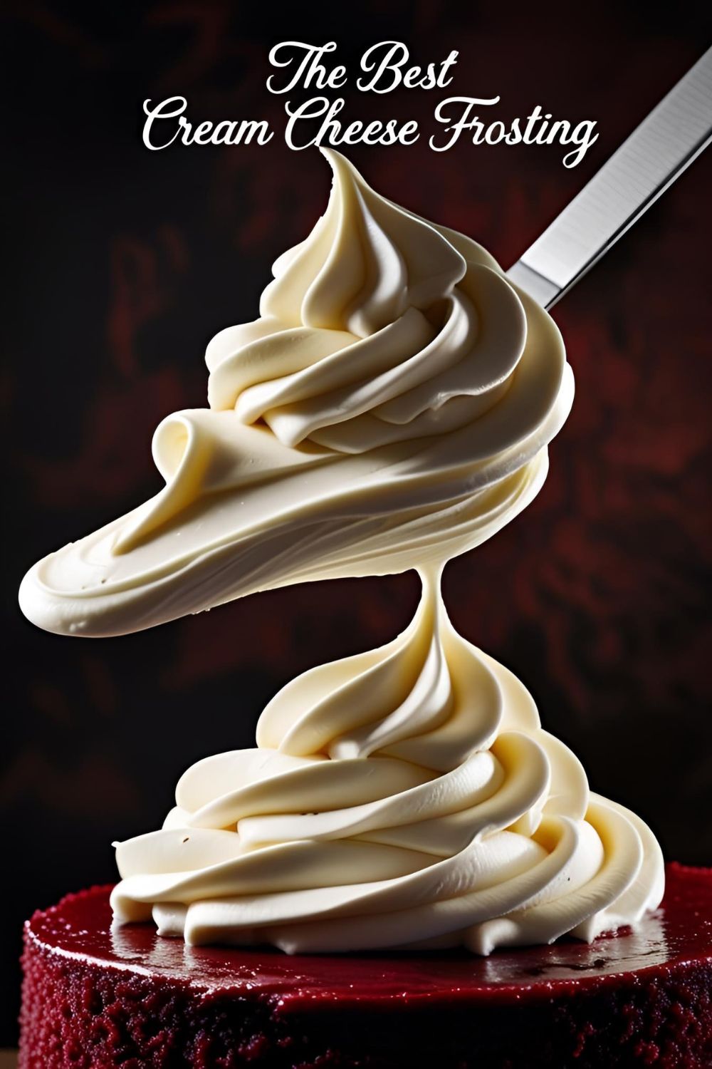 A close-up of thick, white cream cheese frosting being spread on a red velvet cake layer with an offset spatula.