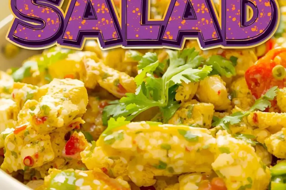 A beautiful bowl of curry chicken salad with the text "The Best Curry Chicken Salad."