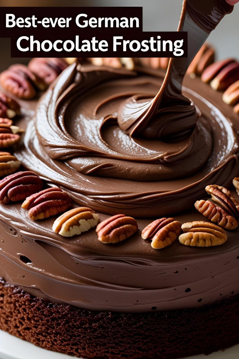 A spatula spreading gooey coconut-pecan German chocolate cake frosting on a chocolate cake layer.