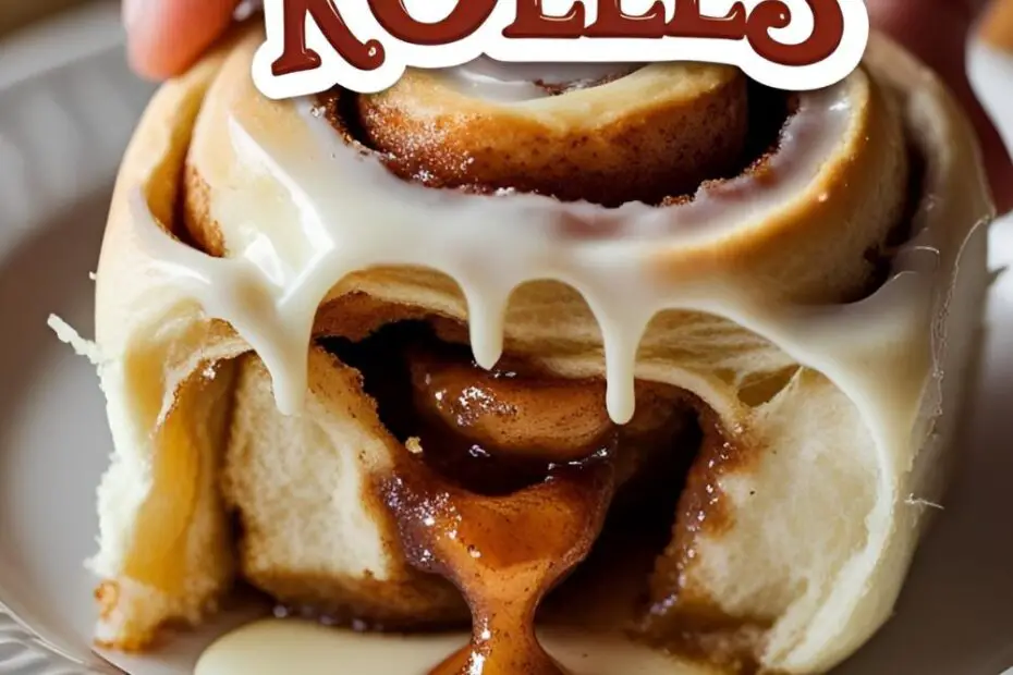 A gooey cinnamon roll being pulled apart with the text overlay "The Best Gooey Cinnamon Rolls."