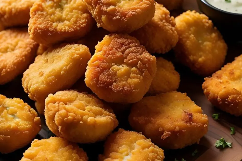 A pile of crispy, golden-brown homemade chicken nuggets on a wooden board with dipping sauces.