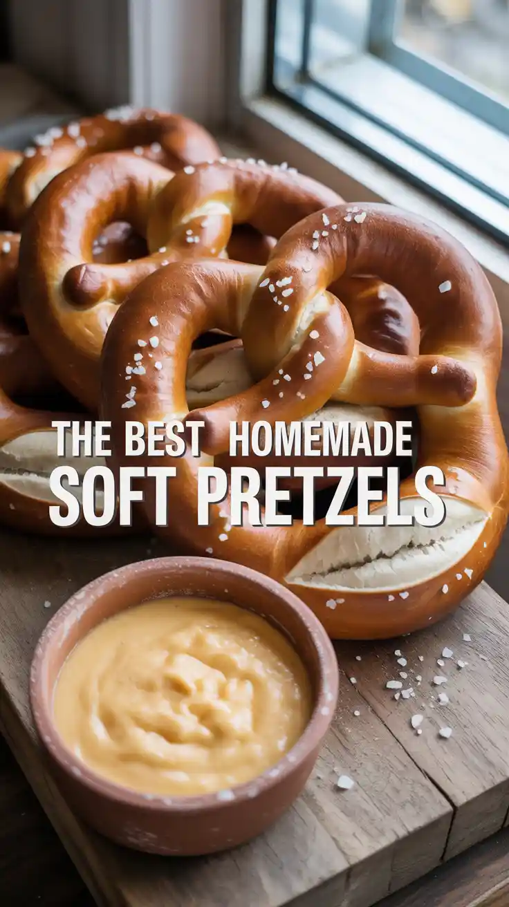 A platter of warm, golden-brown homemade soft pretzels sprinkled with coarse salt, next to a bowl of cheese sauce.