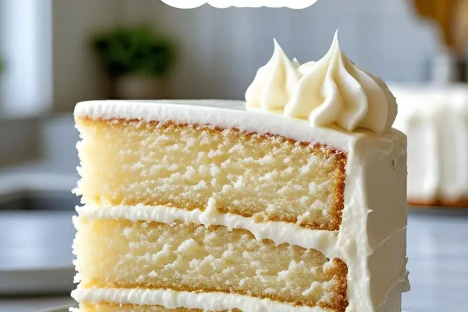 A perfect slice of moist gluten-free vanilla cake with white frosting on a plate, showcasing its fluffy texture.