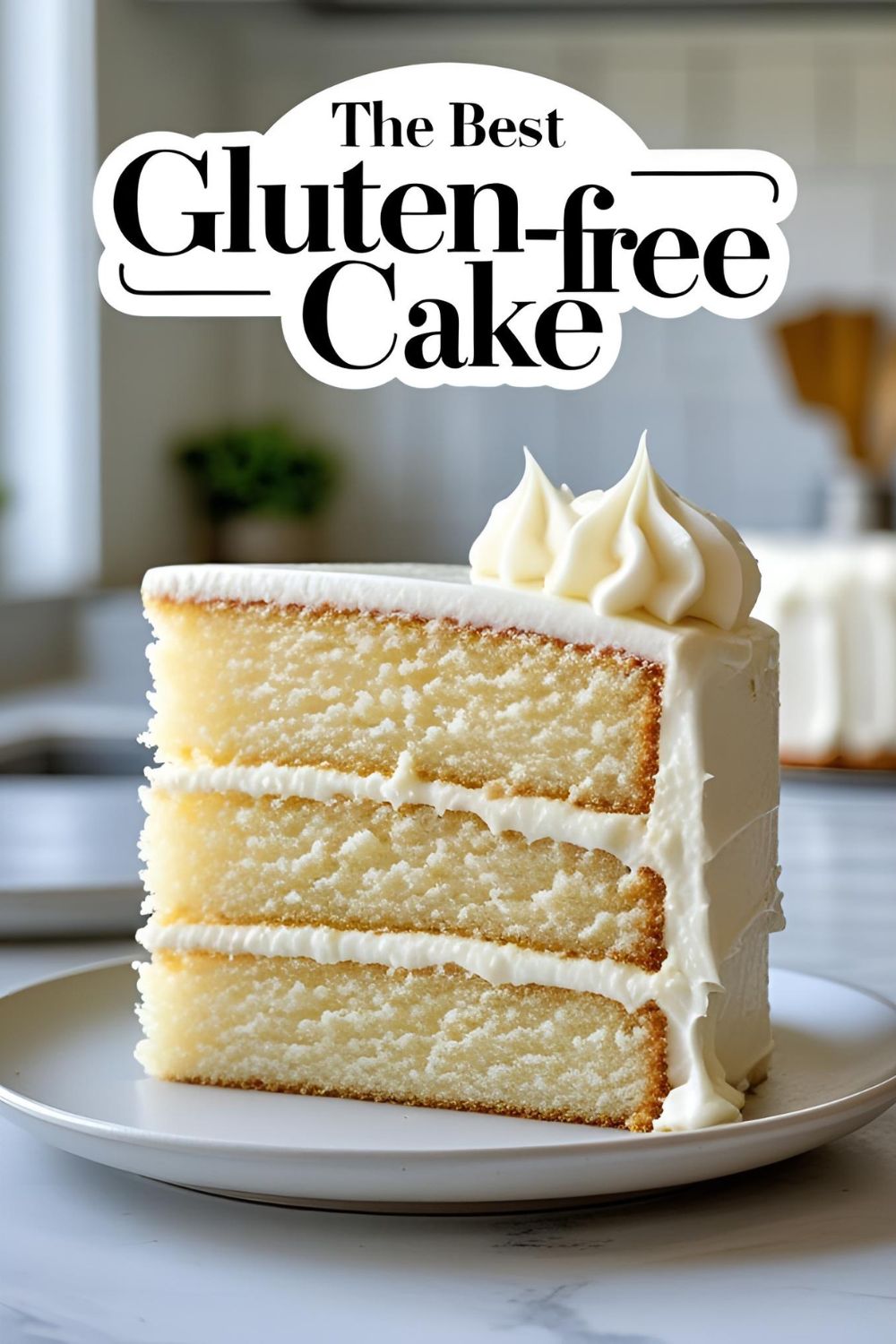 A perfect slice of moist gluten-free vanilla cake with white frosting on a plate, showcasing its fluffy texture.
