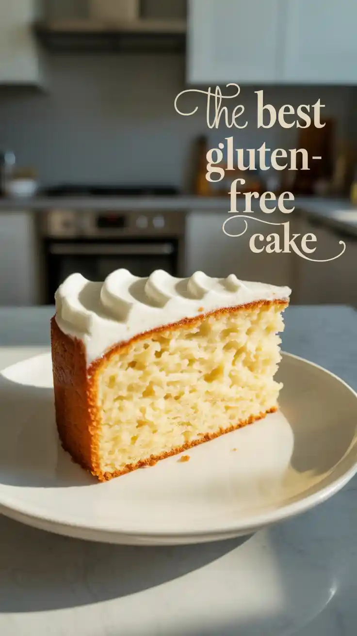 A perfect slice of moist gluten-free vanilla cake with white frosting on a plate, showcasing its fluffy texture.