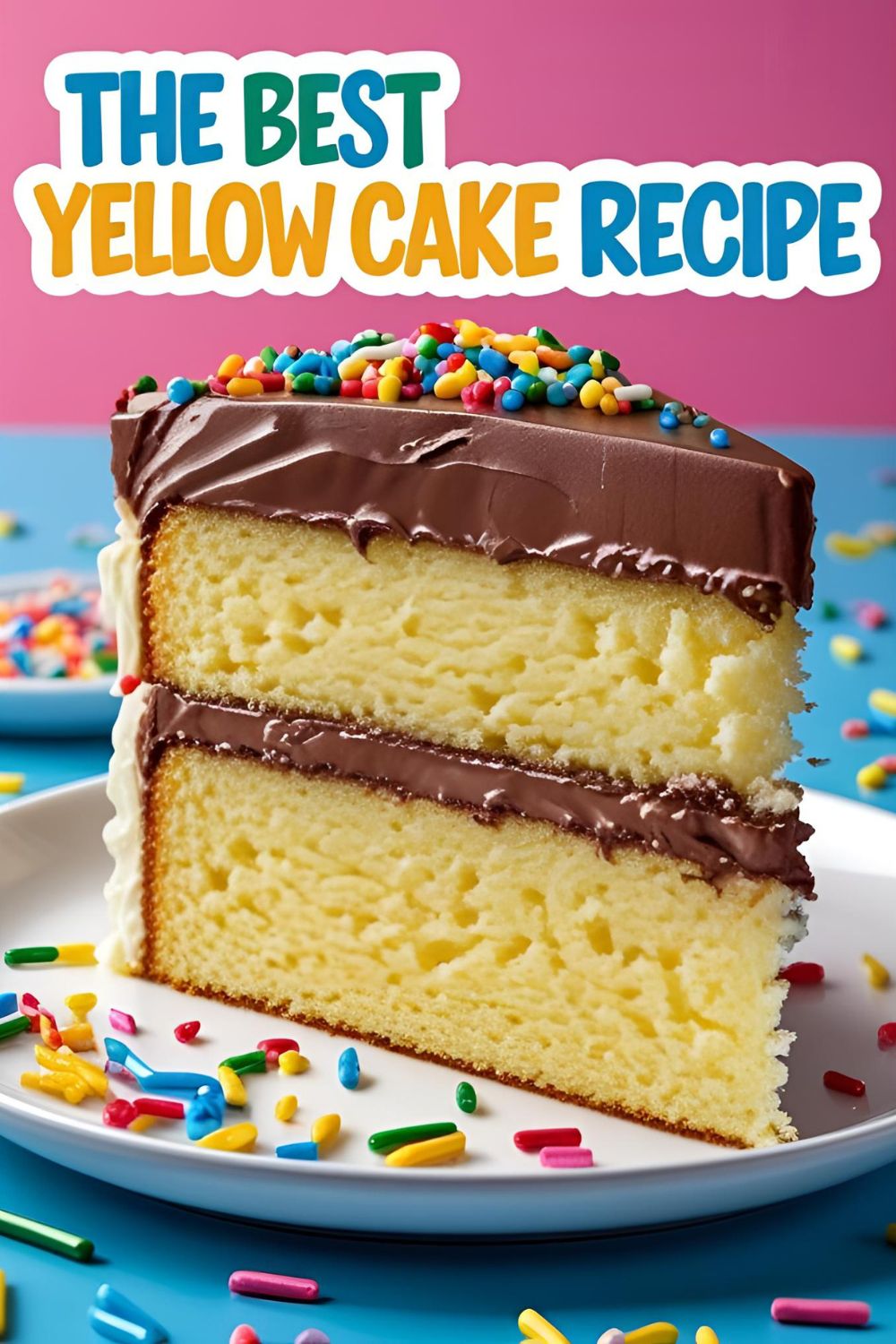 A perfect slice of homemade yellow cake with chocolate frosting and rainbow sprinkles on a plate.
