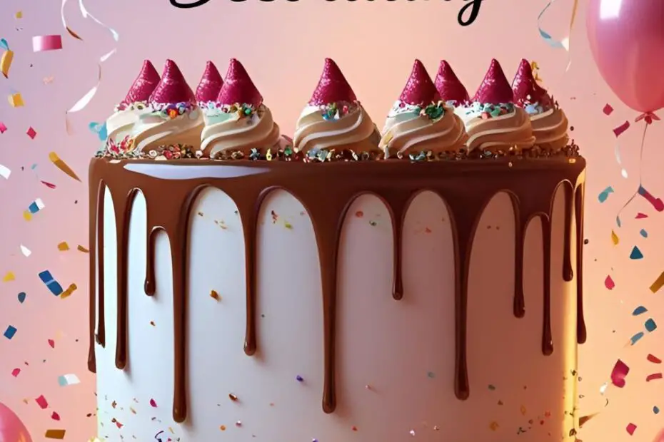 A beautiful, modern birthday cake with a chocolate drip and colorful sprinkles, with the text overlay "Easy Birthday Cake Decorating."