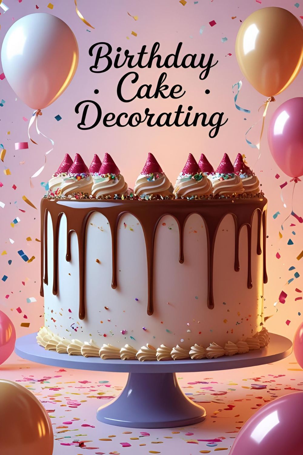 A beautiful, modern birthday cake with a chocolate drip and colorful sprinkles, with the text overlay "Easy Birthday Cake Decorating."