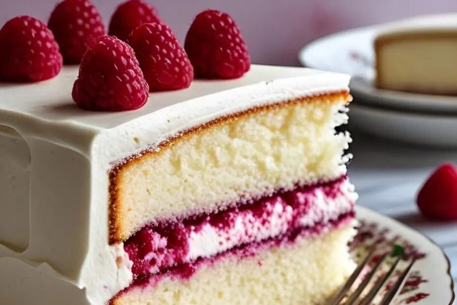 A slice of white chocolate raspberry cake on a plate with the text overlay "The Perfect Birthday Cake for Your Wife."