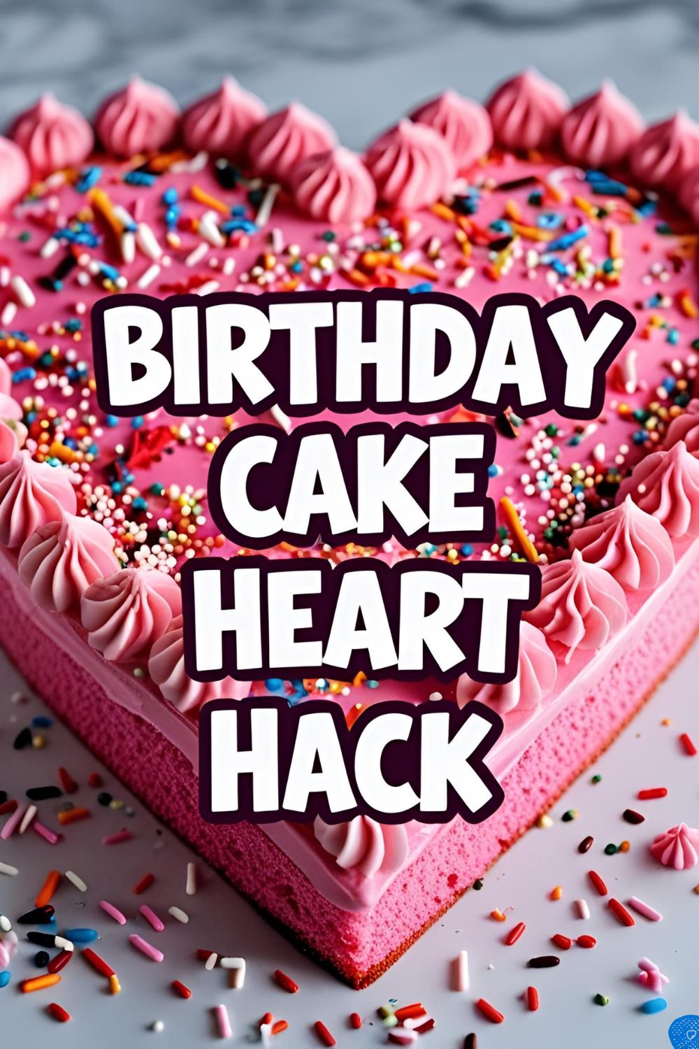 A beautiful pink heart-shaped birthday cake covered in colorful rainbow sprinkles, ready for a party.