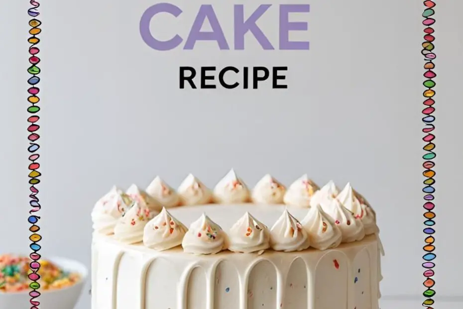 A flawless funfetti birthday cake with a sprinkle border on a clean background, with the text overlay "The Real-Life Birthday Cake PNG."
