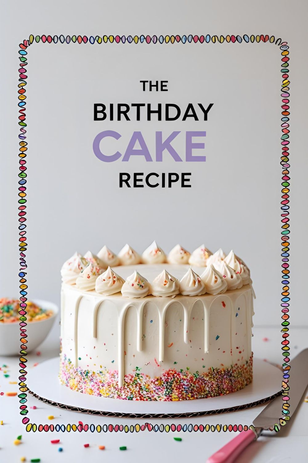 A flawless funfetti birthday cake with a sprinkle border on a clean background, with the text overlay "The Real-Life Birthday Cake PNG."