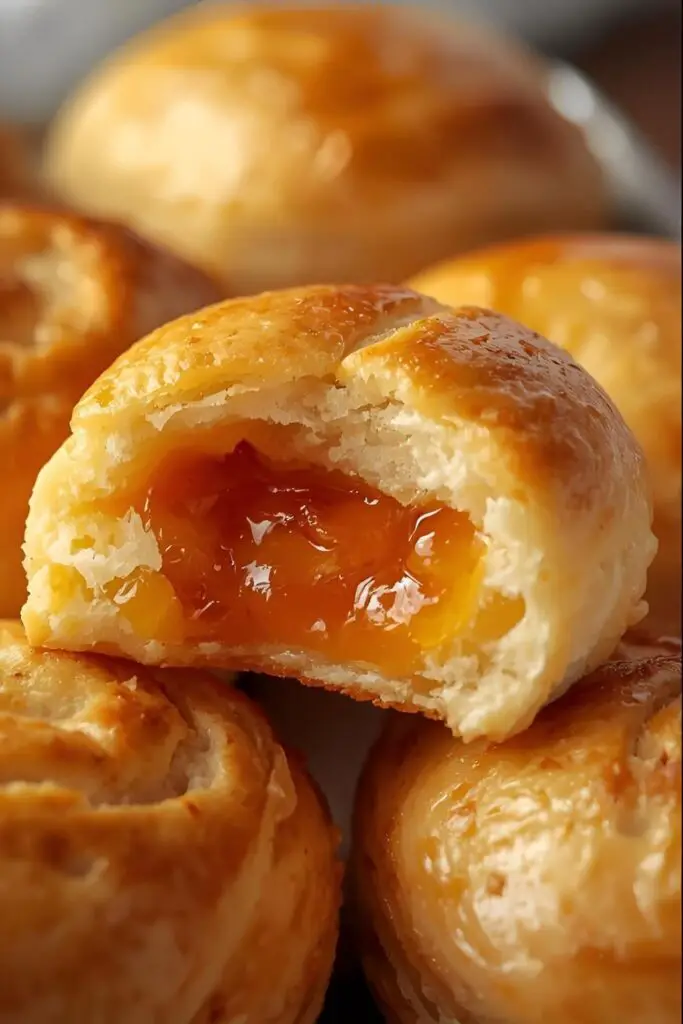 A close-up shot of a biscuit dough kolache with a gooey fruit filling, with a bite taken out to show the fluffy texture.