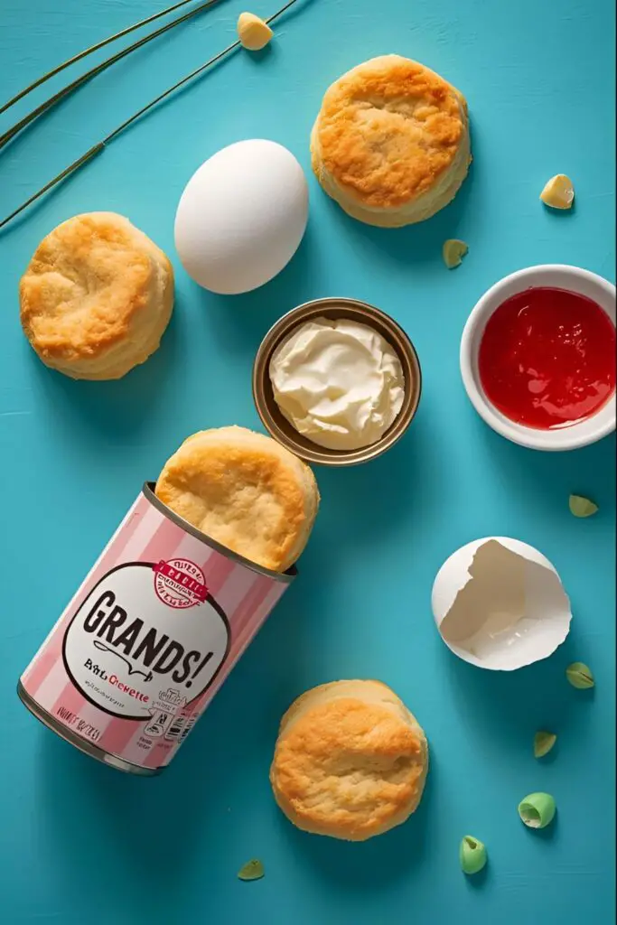 A vibrant flat lay of ingredients for biscuit dough kolaches, including a can of biscuits, bowls of jam and cream cheese, and an egg.