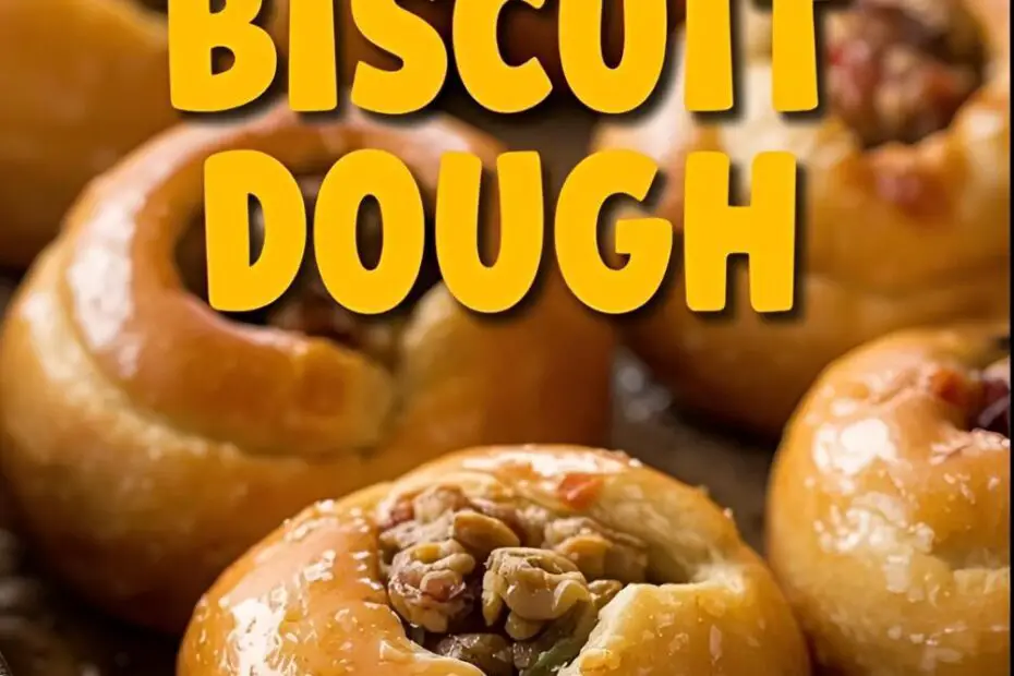 A tray of golden-brown biscuit dough kolaches with various fillings, with a text overlay that reads "Easy Biscuit Dough Kolaches."