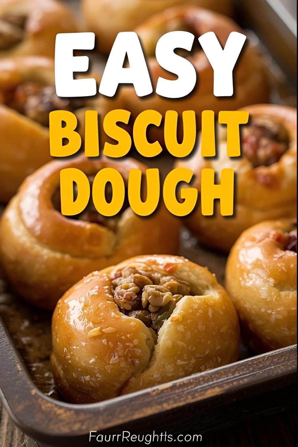 A tray of golden-brown biscuit dough kolaches with various fillings, with a text overlay that reads "Easy Biscuit Dough Kolaches."
