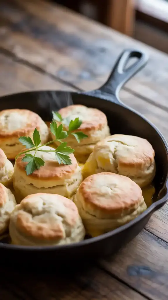 A full view of a cast-iron skillet with a bubbling chicken pot pie, topped with a perfect, golden-brown biscuit crust.