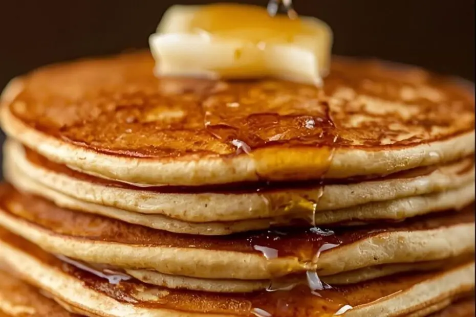A tall stack of fluffy pancakes with butter and syrup, with the text overlay "Black Bear Diner Pancakes."