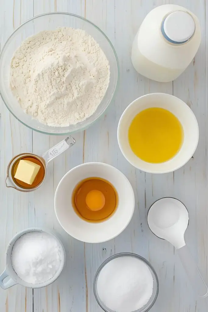 A flat lay of ingredients for homemade Black Bear Diner pancakes, including flour, buttermilk, and baking powder.
