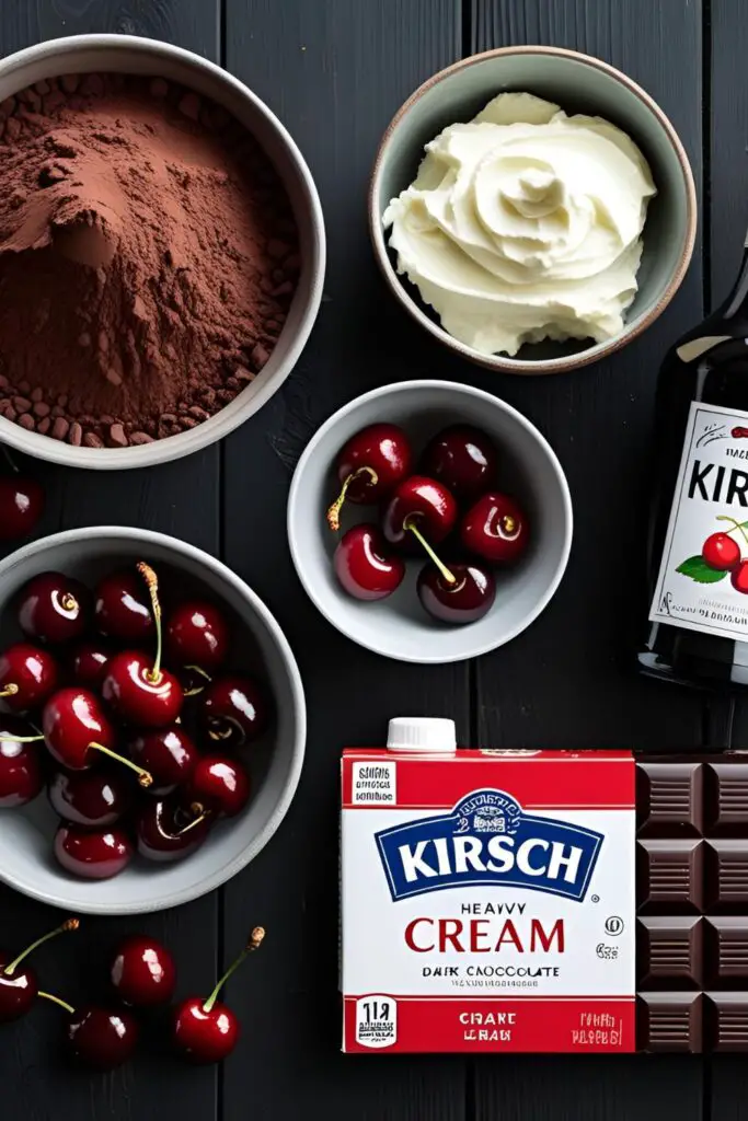A flat lay of the key ingredients for a Black Forest Cake: chocolate, cherries, Kirsch, and heavy cream.