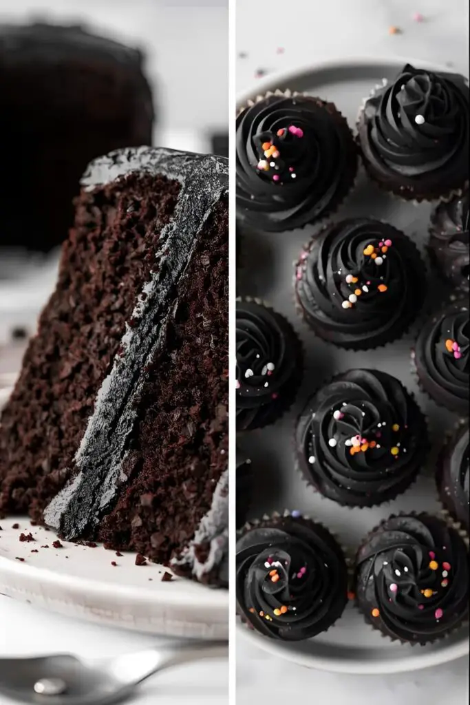 A slice of dark cake frosted with black vanilla buttercream next to cupcakes also frosted with it.