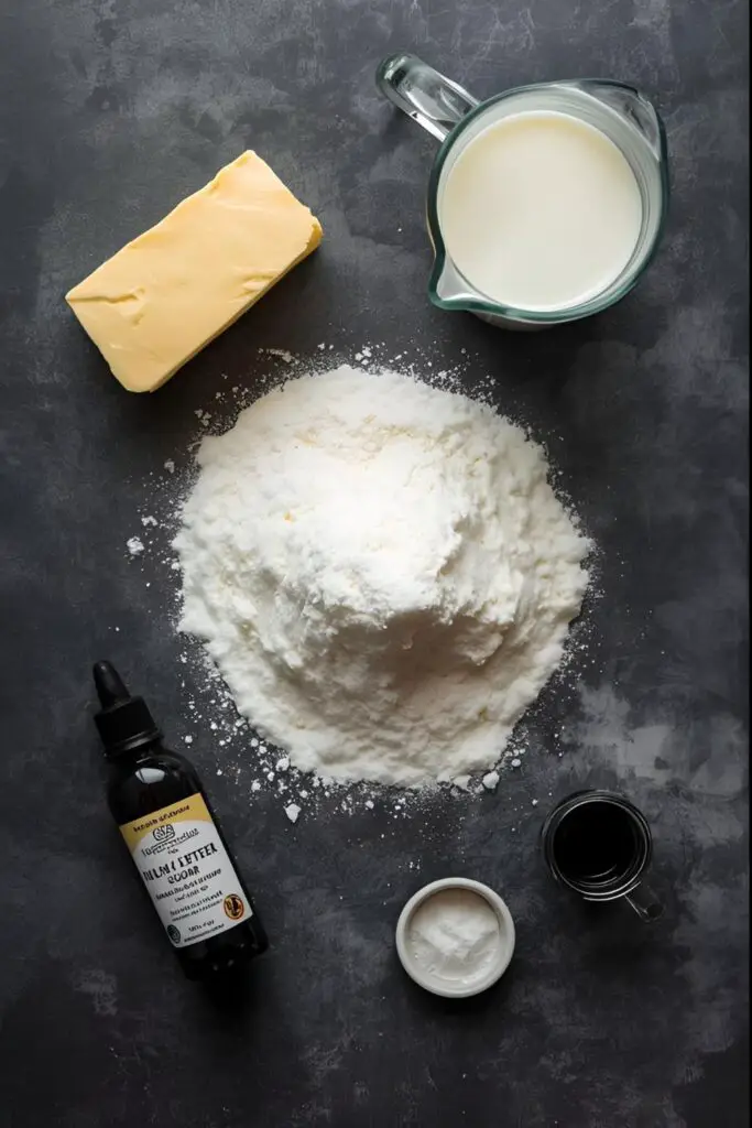  A flat lay of ingredients for black vanilla buttercream: butter, powdered sugar, heavy cream, vanilla extract, and black gel food coloring.