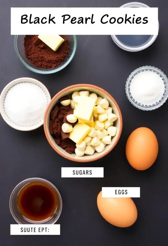 A striking flat lay collage of ingredients for black pearl cookies: a bowl of rich black cocoa powder, white chocolate chips, butter, sugar, and eggs on a dark slate surface.