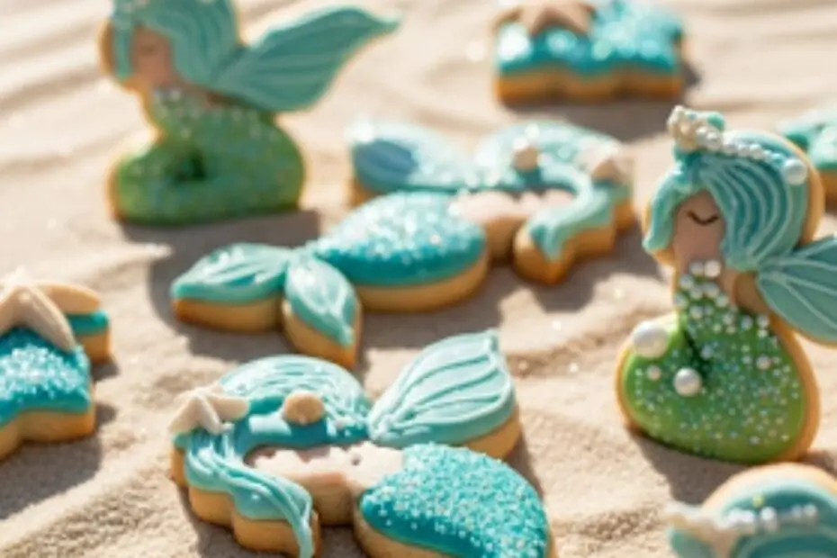 Text overlay "Sea Fairy Cookies" on a stunning image of several sugar cookies decorated with a shimmery, blue and green watercolor icing effect, adorned with pearl sprinkles.