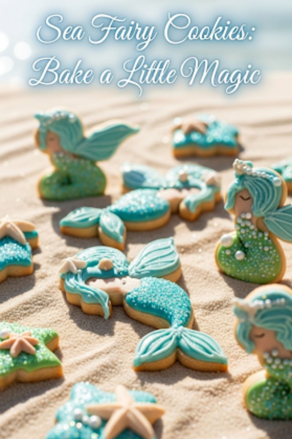 Text overlay "Sea Fairy Cookies" on a stunning image of several sugar cookies decorated with a shimmery, blue and green watercolor icing effect, adorned with pearl sprinkles.