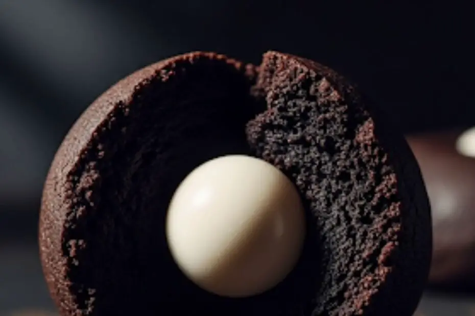 ext overlay "The Black Pearl Cookie" on a dramatic, moody image of a nearly-black chocolate cookie broken in half to reveal a bright white, creamy center.