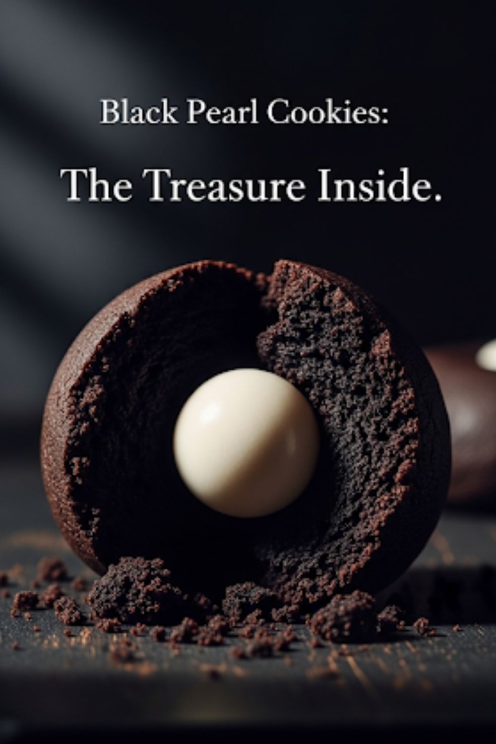 ext overlay "The Black Pearl Cookie" on a dramatic, moody image of a nearly-black chocolate cookie broken in half to reveal a bright white, creamy center.