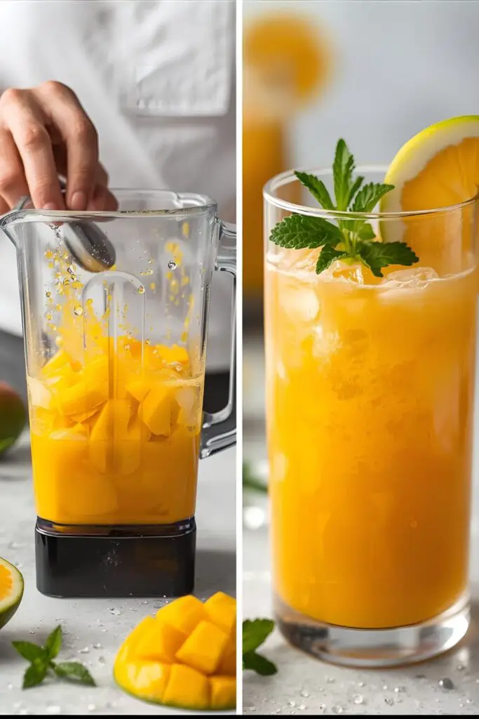 The process of making a homemade Freshie by blending fresh fruit and a close-up of the refreshing finished drink.