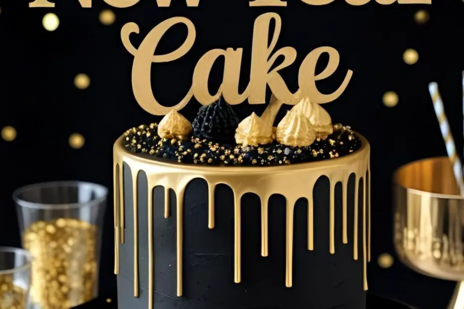 A beautiful black and gold drip cake for New Year's Eve with a text overlay that reads "Happy New Year Cake."