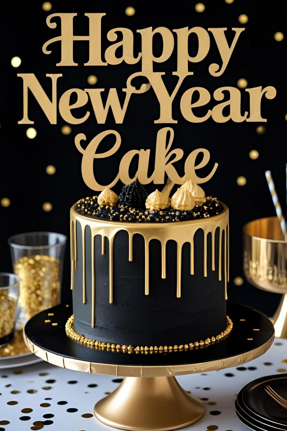 A beautiful black and gold drip cake for New Year's Eve with a text overlay that reads "Happy New Year Cake."