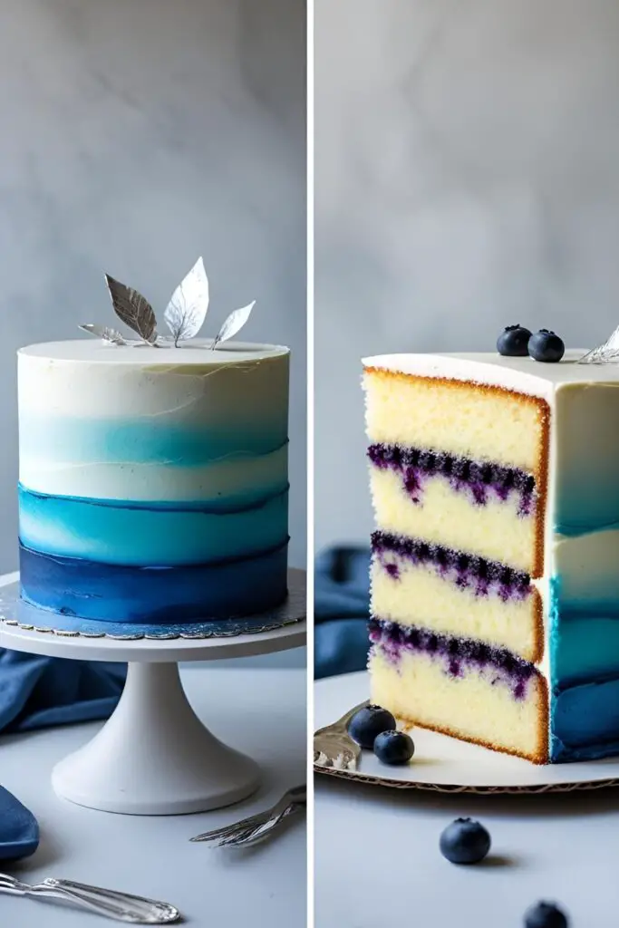  A two-panel image showing the full blue watercolor birthday cake and a close-up of a slice revealing the lemon blueberry interior.