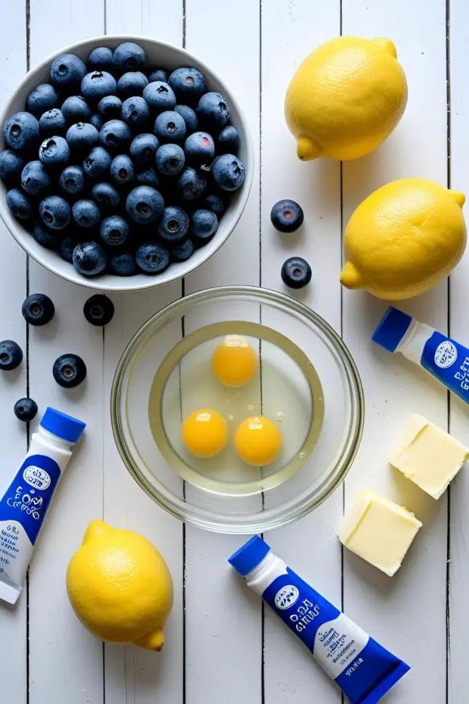 A flat lay of fresh ingredients for a lemon blueberry cake and blue watercolor frosting, including lemons, berries, and butter.